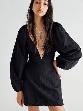 Free People Black V-Neck Puff Sleeve Mini Dress